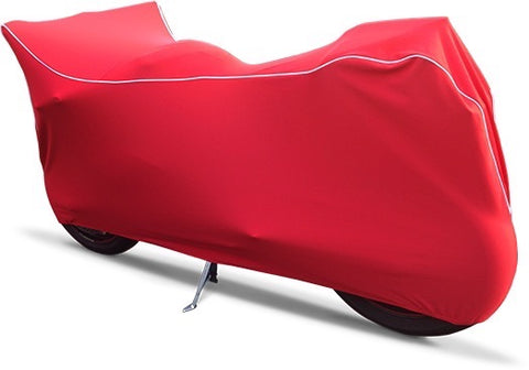 A red custom fit fleece motorcycle cover on a motorcycle.